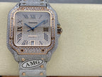 Cartier watch with square blue dial, diamond-studded bezel, crown at right, link band