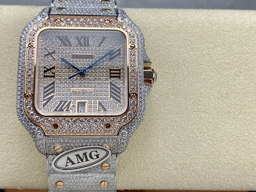Cartier watch with square blue dial, diamond-studded bezel, crown at right, link band