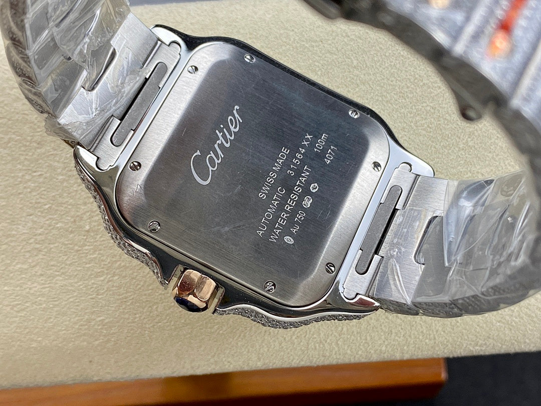 Cartier watch caseback with engraved brand text and metal clasp on silver bracelet
