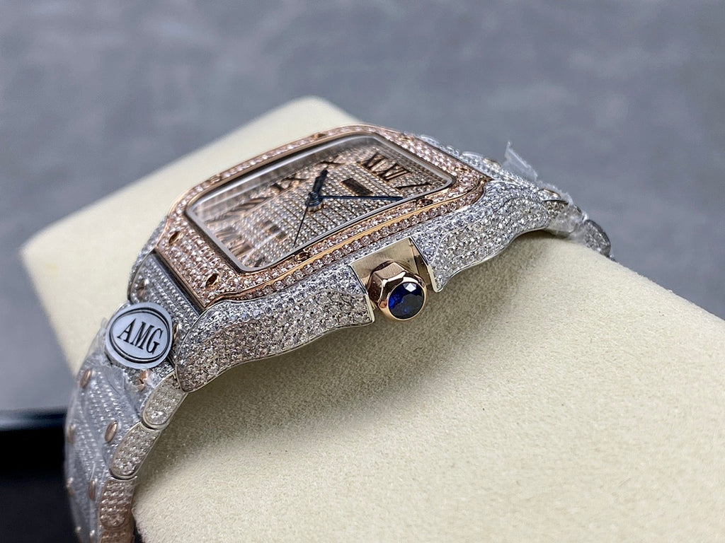 Cartier watch angled view with square blue dial, diamond bezel, and blue gemstone detail