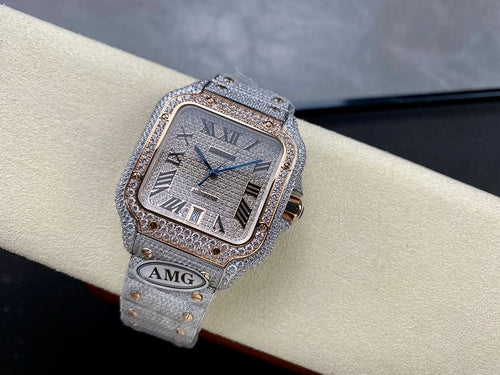 Cartier watch with square blue dial, diamond bezel, and silver link bracelet