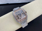 Cartier watch front view with square blue dial, roman numerals, and diamond-set bezel