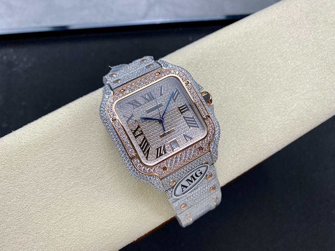 Cartier watch front view with square blue dial, roman numerals, and diamond-set bezel