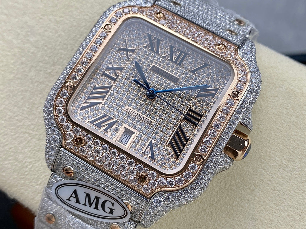 Cartier watch close-up with square blue dial, diamond-studded frame, and link bracelet