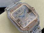 Cartier watch oblique close-up with square blue dial, roman numerals, and diamond bezel