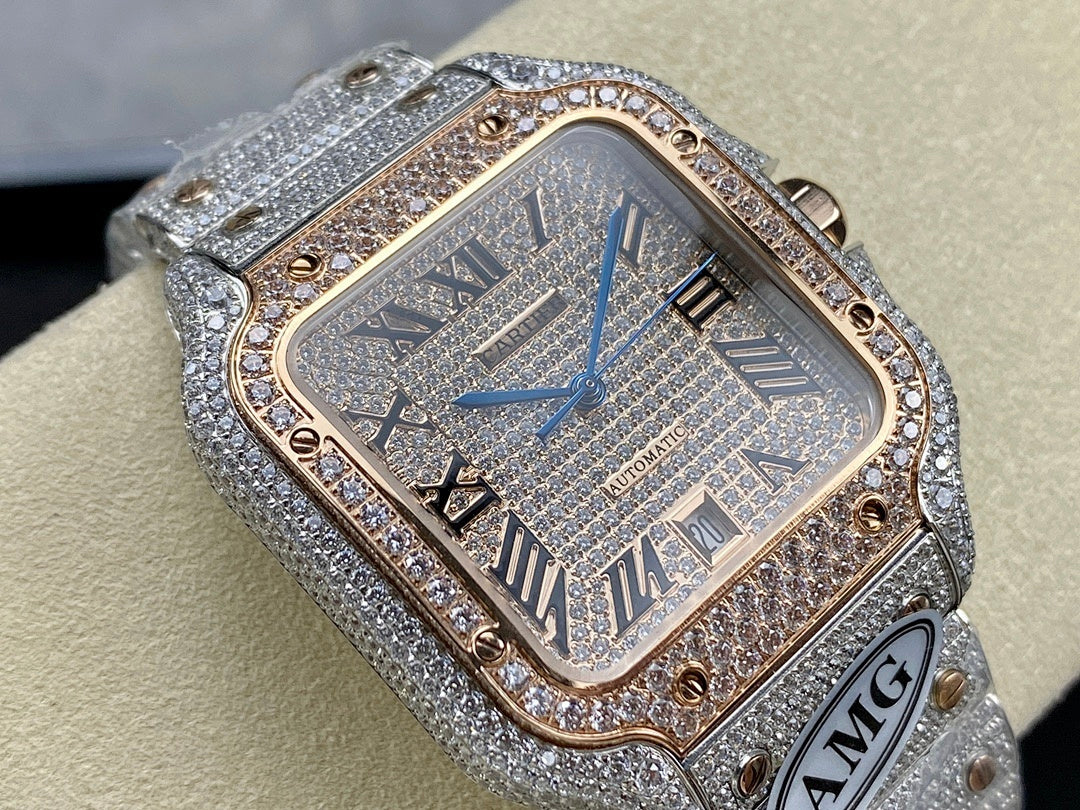 Cartier watch oblique close-up with square blue dial, roman numerals, and diamond bezel