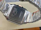 Back of diamond watch with engraved metal case and links on silver bracelet