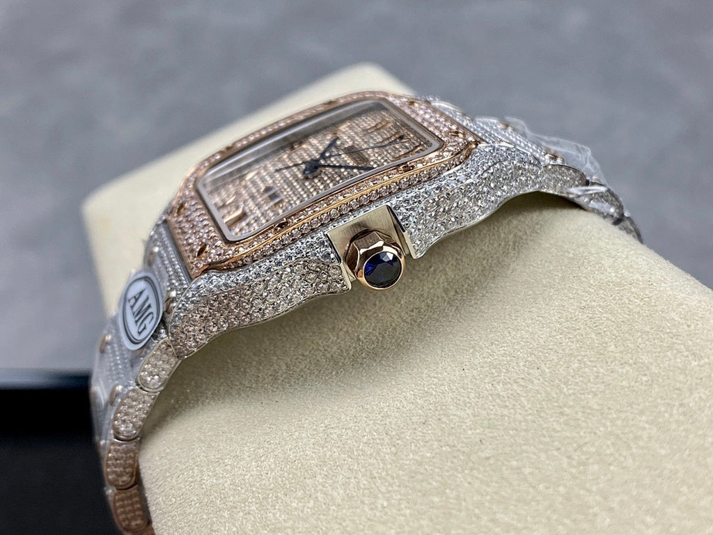 Side view of diamond watch with crown detail and bezel stones on silver bracelet
