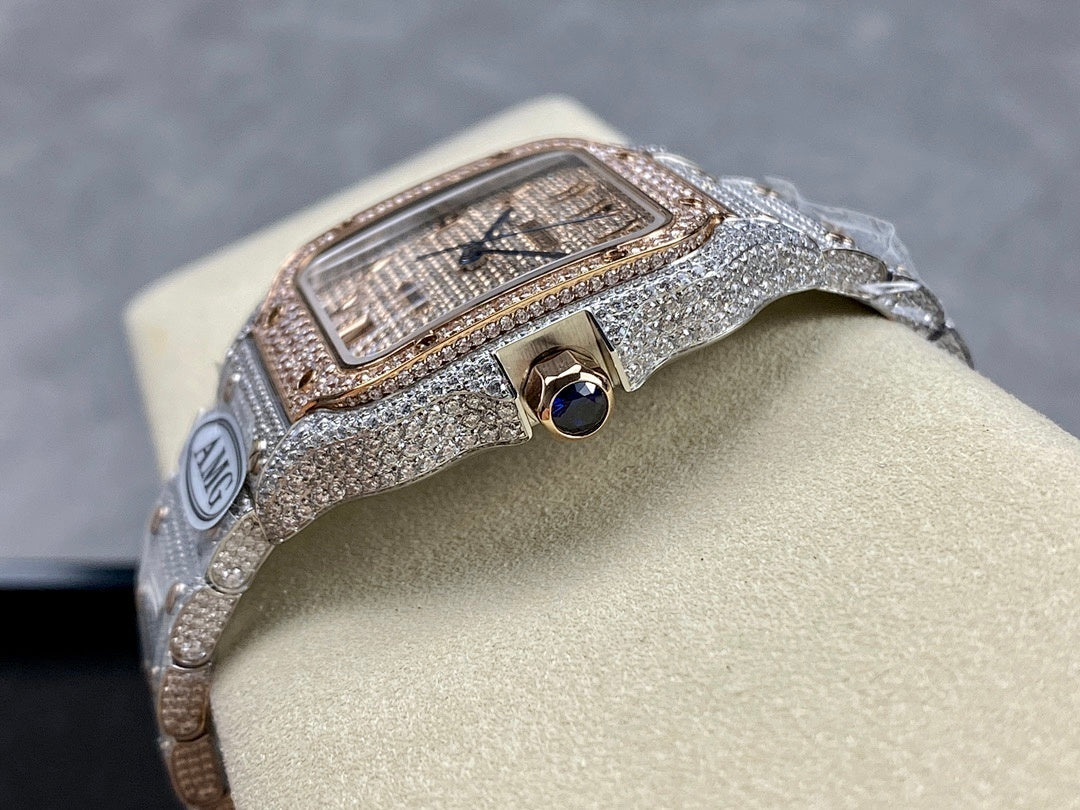 Side view of diamond watch with crown detail and bezel stones on silver bracelet
