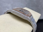 Angled view of diamond watch case with textured dial and silver bracelet links