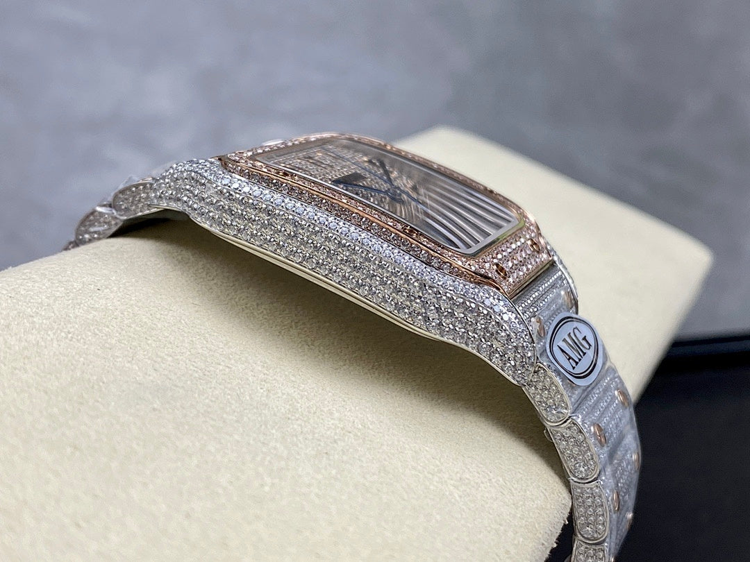 Angled view of diamond watch case with textured dial and silver bracelet links