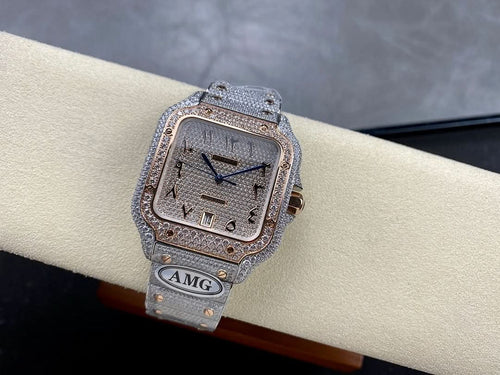 Square diamond bezel watch with blue hands and AMG logo on silver bracelet
