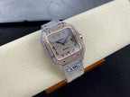 Square diamond watch with blue hands, gold-tone bezel edge, and AMG logo