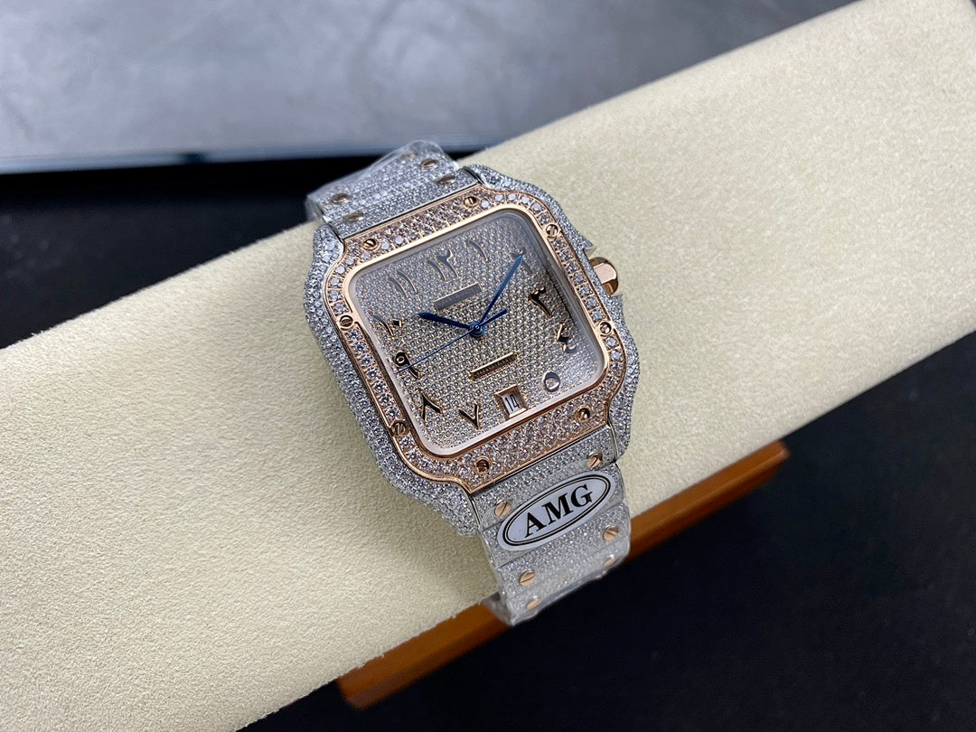 Square diamond watch with blue hands, gold-tone bezel edge, and AMG logo
