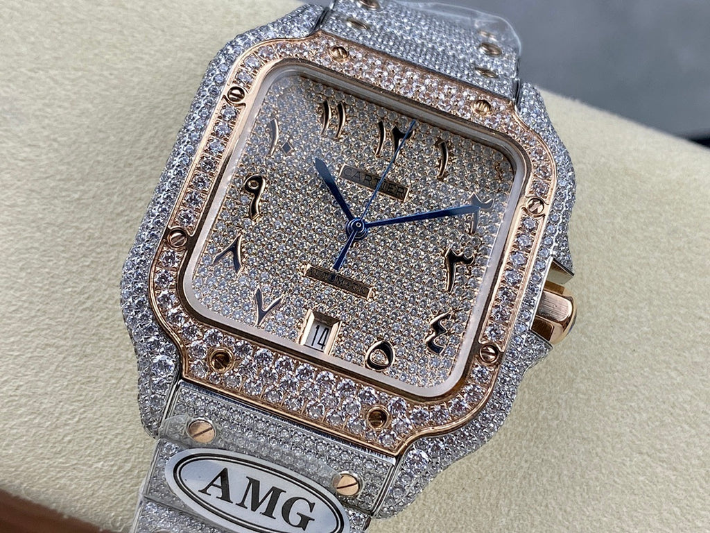 Close-up diamond watch face with blue hands, numeral markers, and silver bracelet