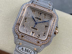 Close-up diamond watch face with blue hands, numeral markers, and silver bracelet