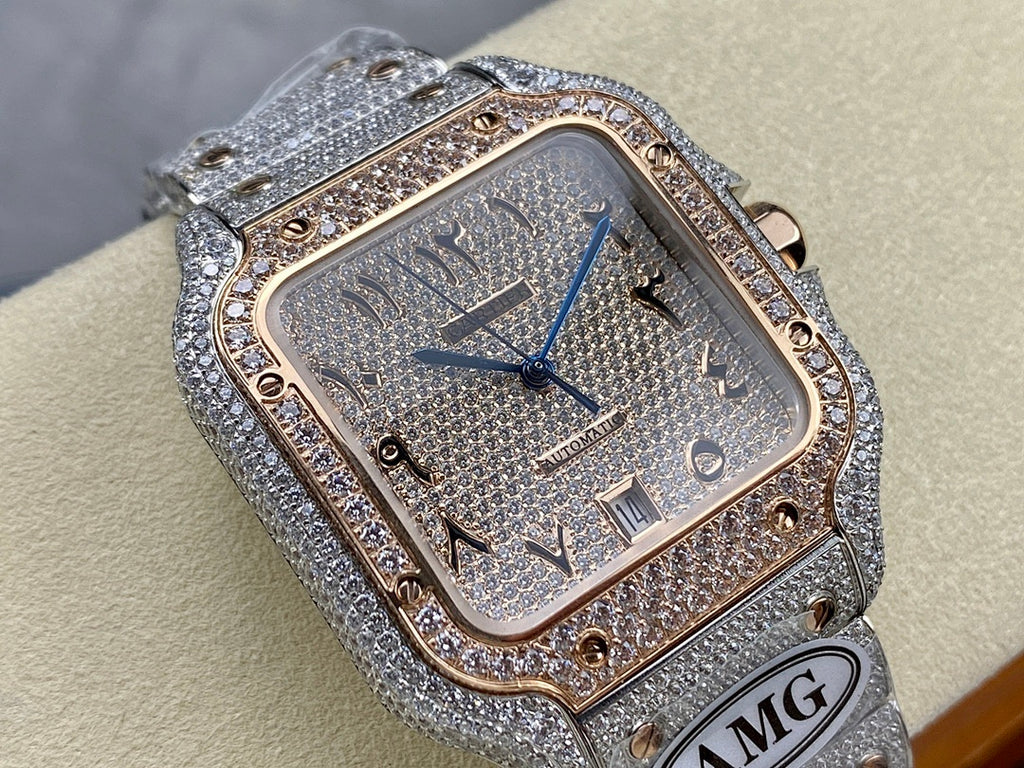 Diamond watch with textured blue dial, rectangular case, and silver bracelet stones