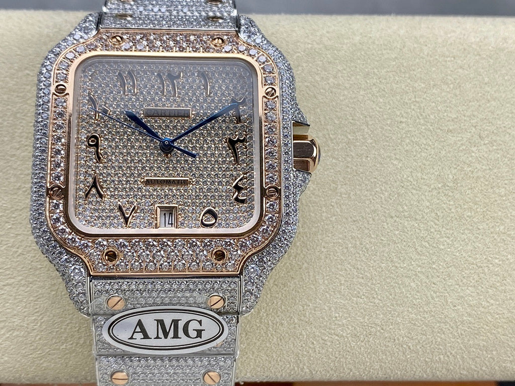 Square diamond watch with blue hands and AMG logo on silver bracelet, front view