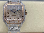 Square diamond watch with blue hands and AMG logo on silver bracelet, front view