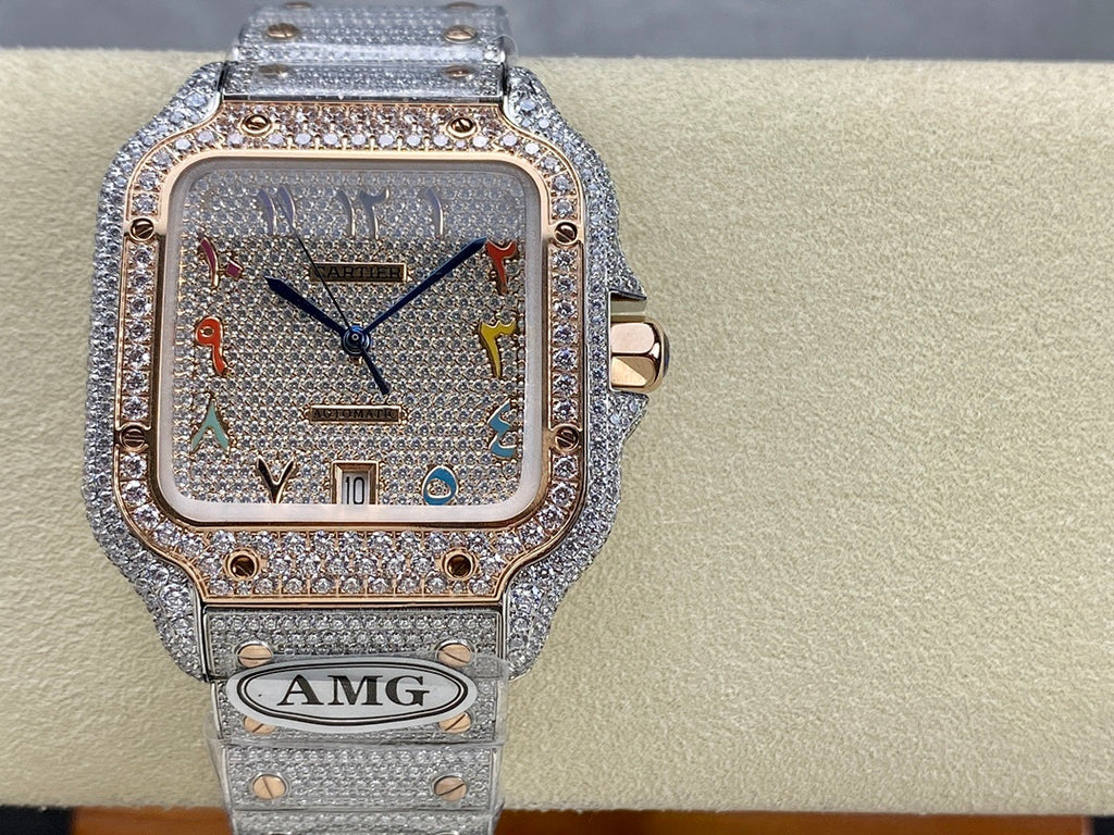 Diamond-set square wristwatch on silver strap with multicolor numerals and blue hands