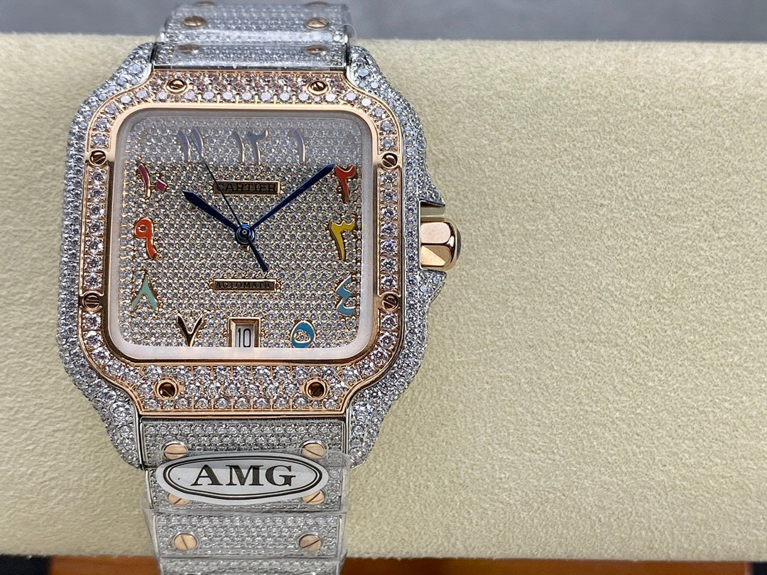 Diamond-set square wristwatch on silver strap with multicolor numerals and blue hands