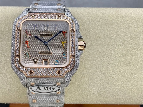 Diamond-set square wristwatch on silver strap with multicolor numerals and blue hands