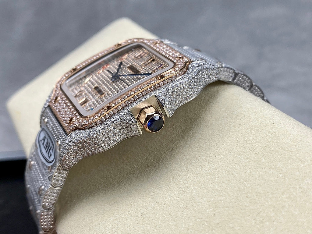 Diamond-set wristwatch with silver strap, square face, gold accents, and blue gemstone detail