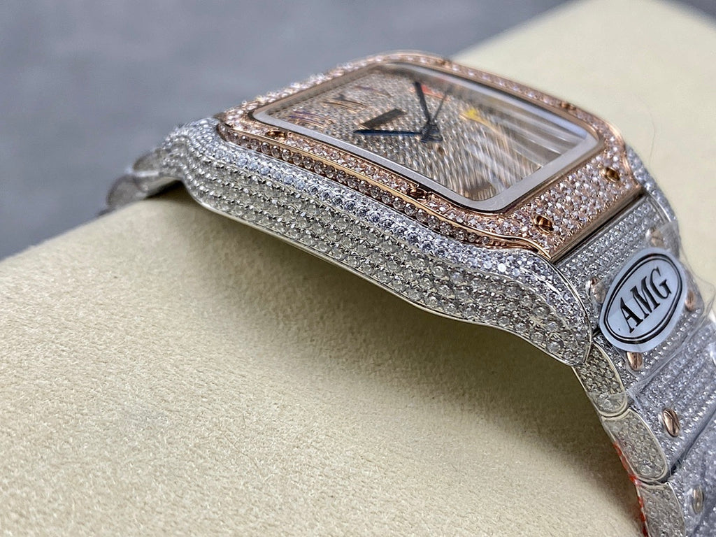 Square diamond-set wristwatch with silver strap, gold-trim bezel, and engraved side emblem