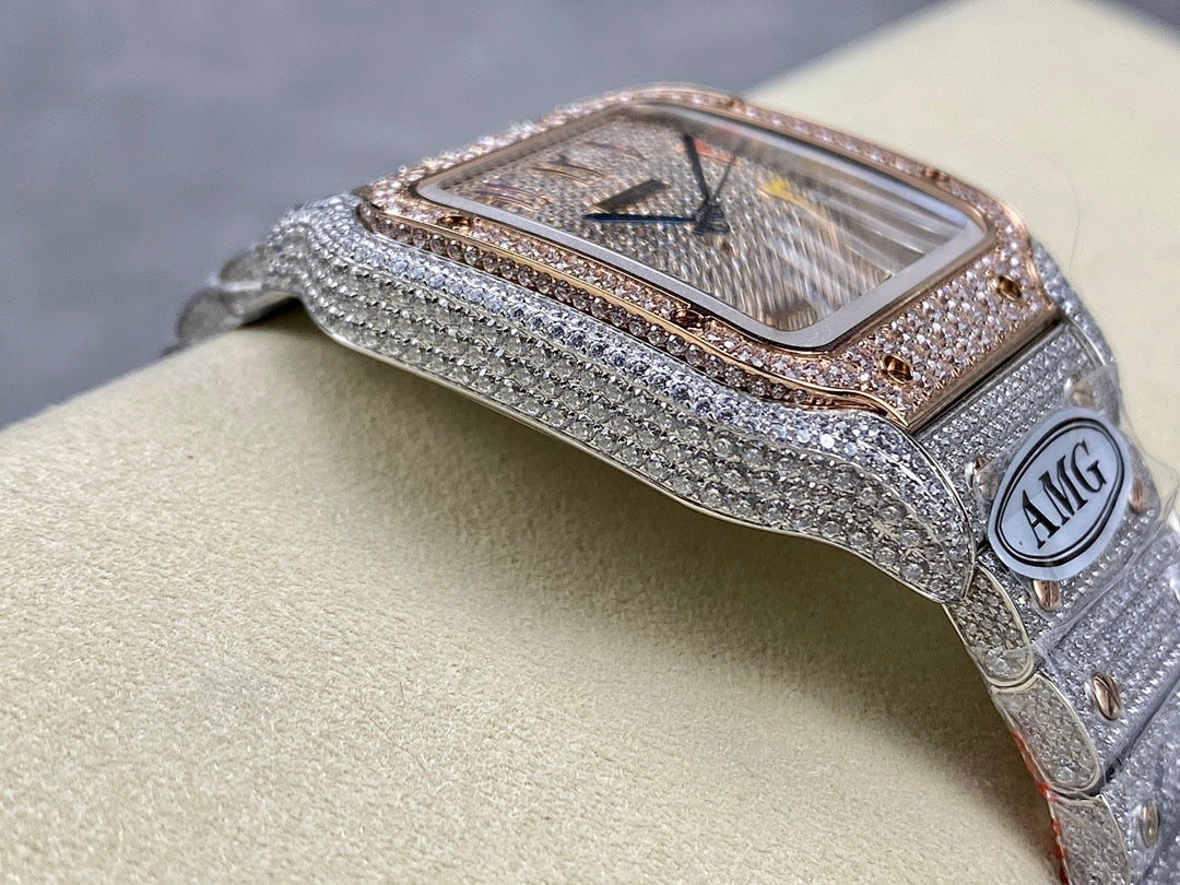 Square diamond-set wristwatch with silver strap, gold-trim bezel, and engraved side emblem