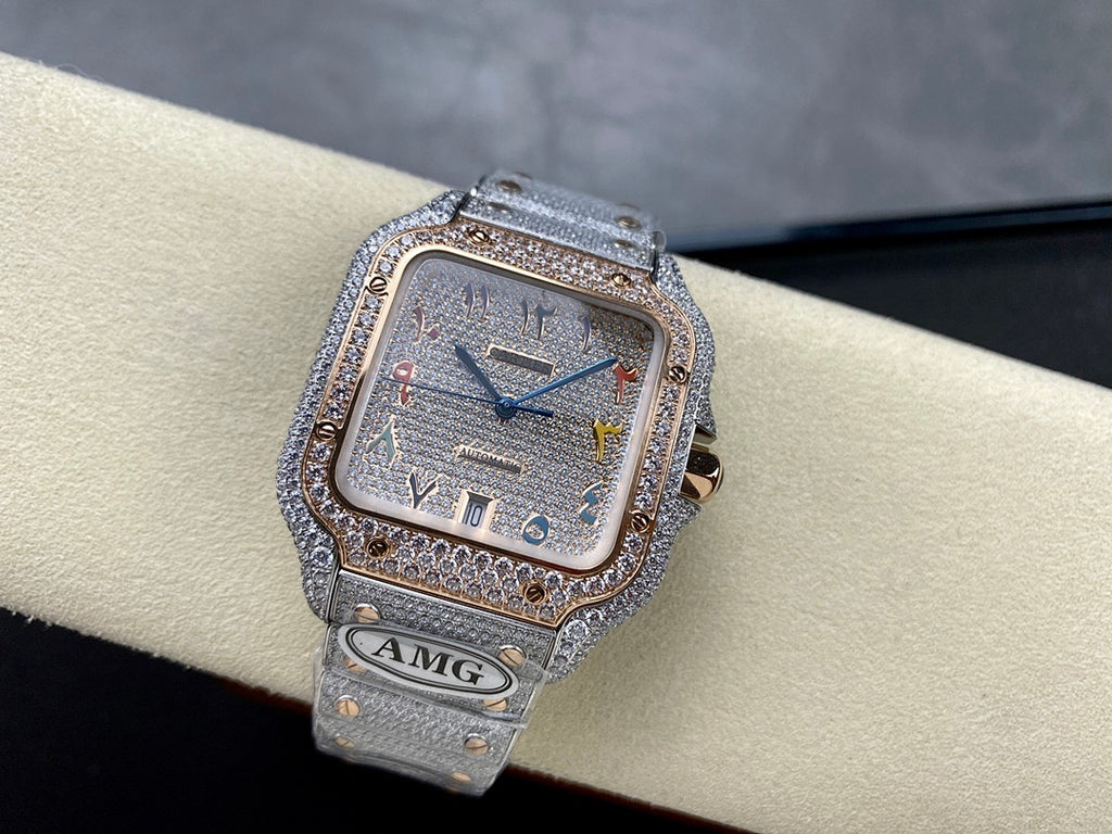 Diamond-set square wristwatch with silver strap, blue hands and multicolor hour markers