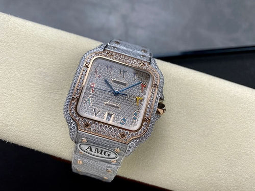 Diamond-set square wristwatch with silver strap, blue hands and multicolor hour markers