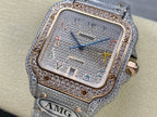 Diamond-set square wristwatch on silver strap with multicolor markers and blue hands