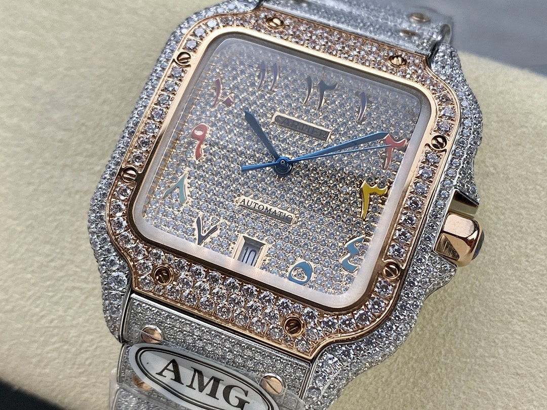 Diamond-set square wristwatch on silver strap with multicolor markers and blue hands