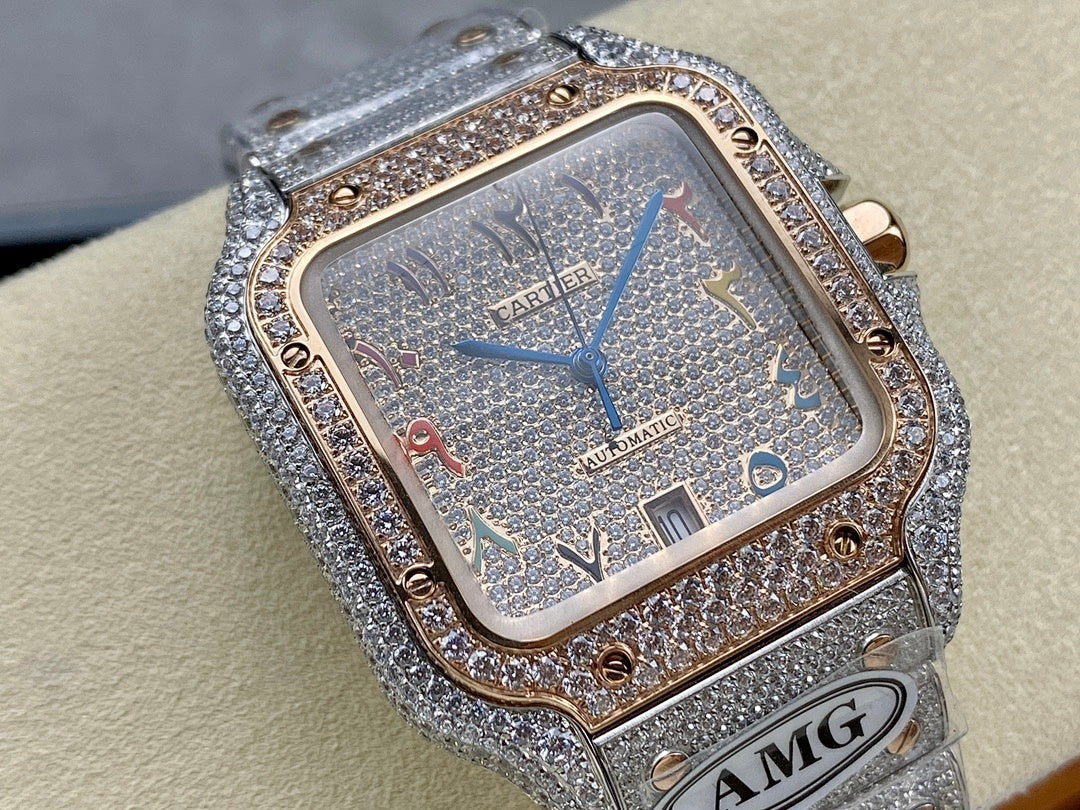 Square diamond-set wristwatch with silver strap, blue hands, and Cartier dial logo