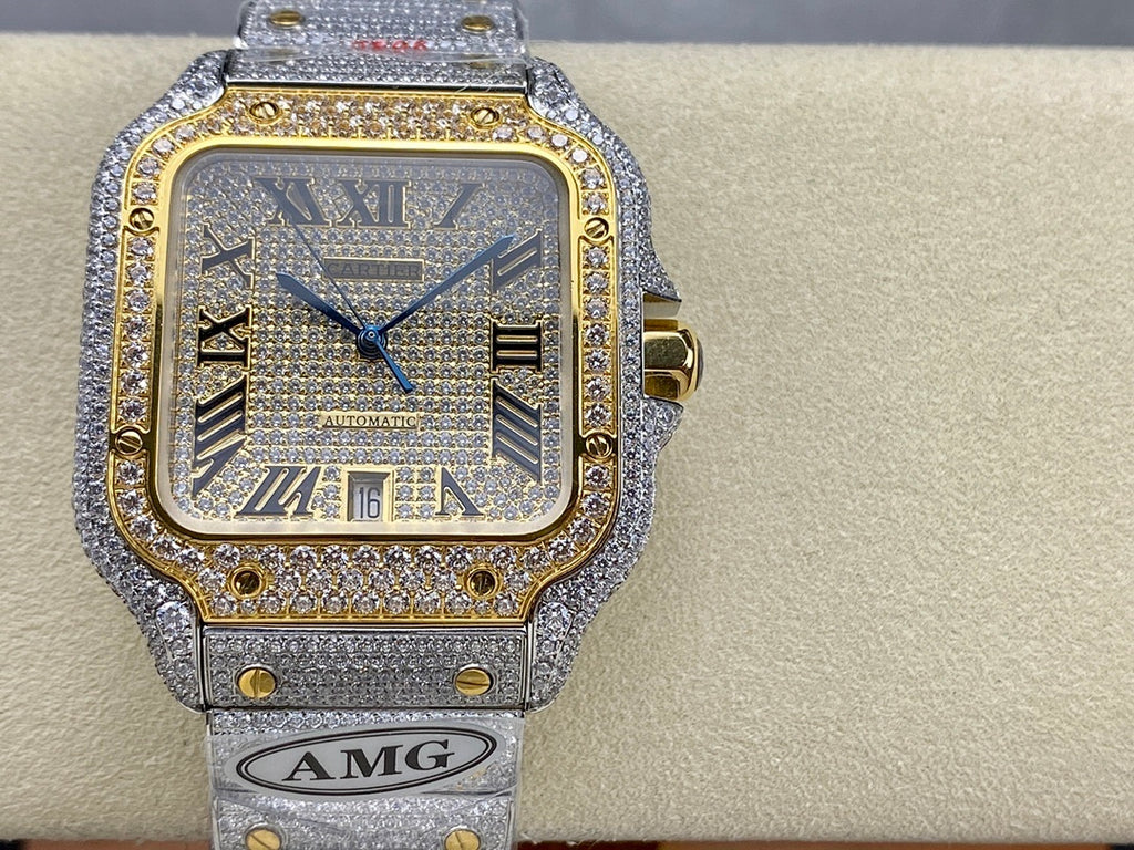 Cartier watch front view with silver dial, blue hands, gold bezel, diamond bezel and AMG plate