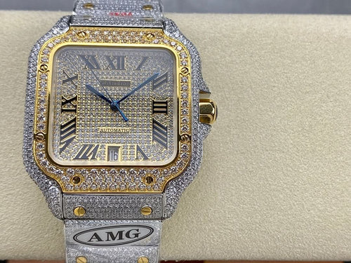 Cartier watch front view with silver dial, blue hands, gold bezel, diamond bezel and AMG plate