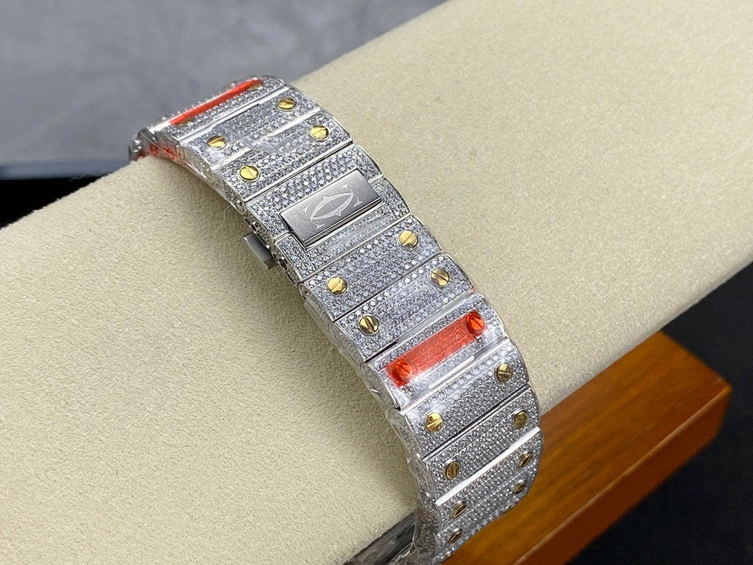 Cartier watch with silver diamond case and red striped details along the bracelet strap
