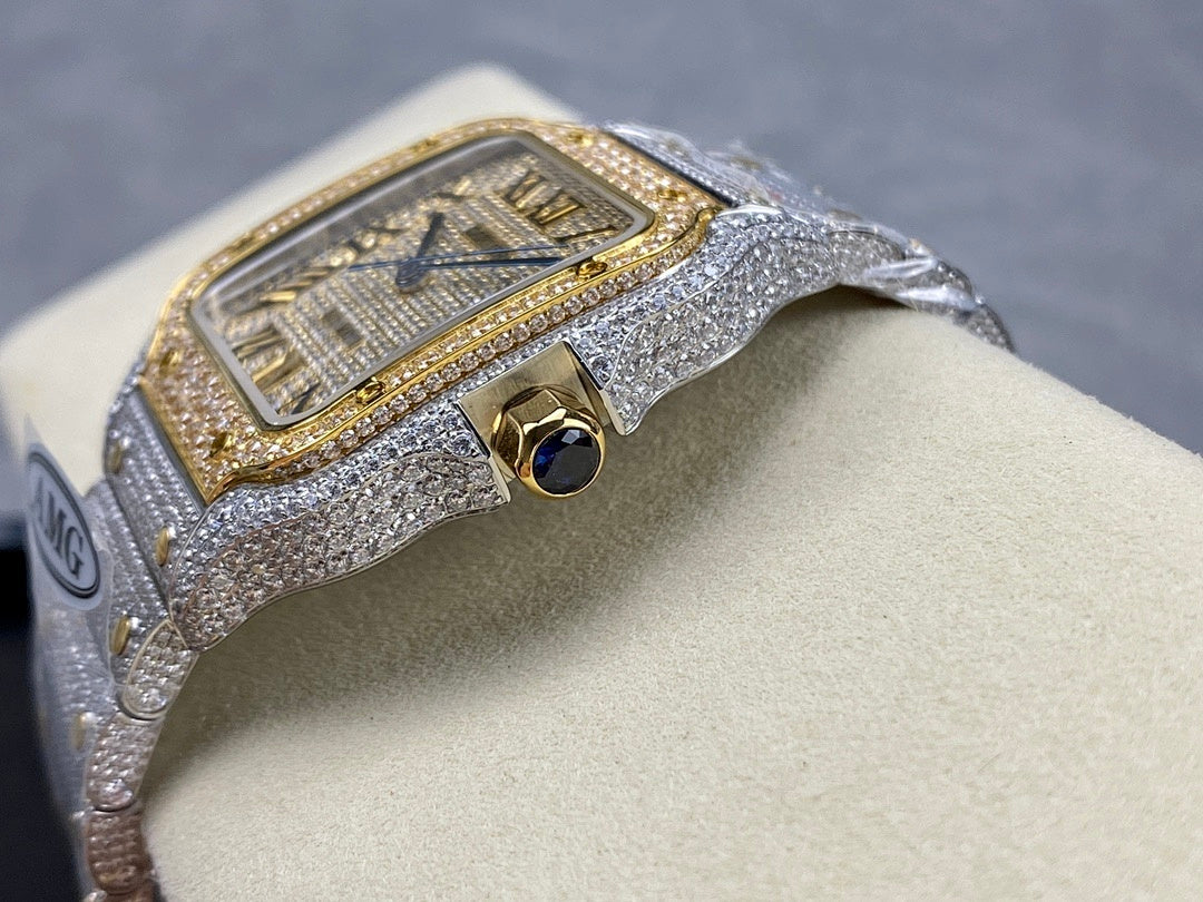 Cartier watch close-up with silver diamond case, gold trim around the square bezel and crown