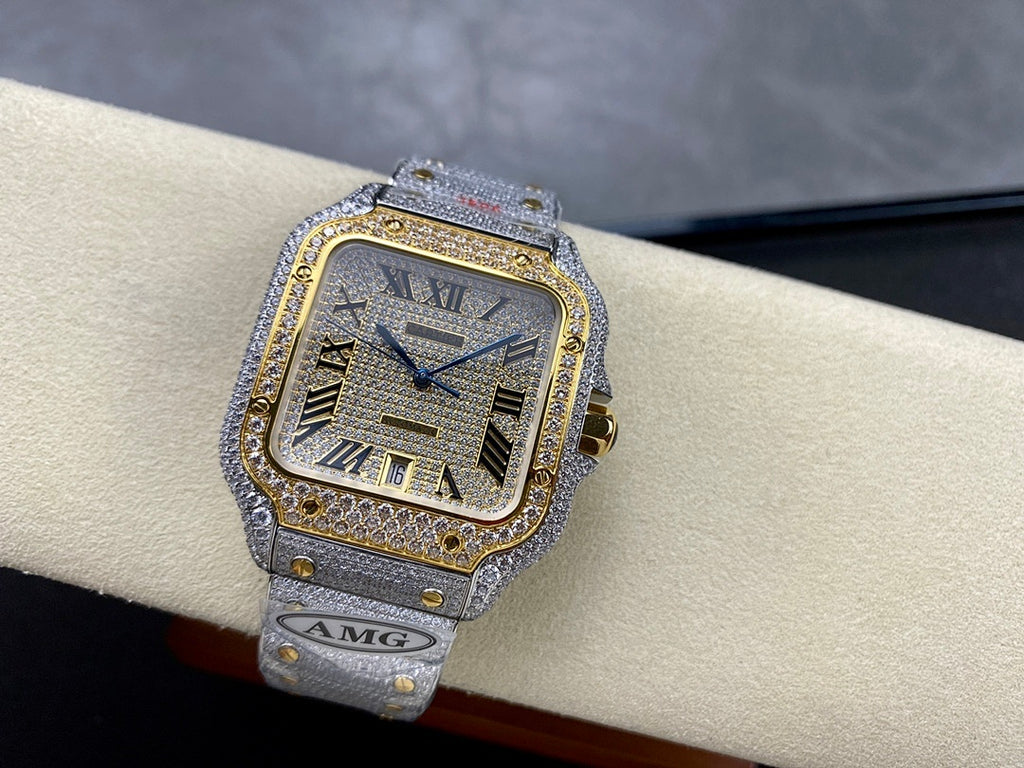 Cartier watch with glittery silver strap, gold bezel, blue hands, Roman numerals and square dial