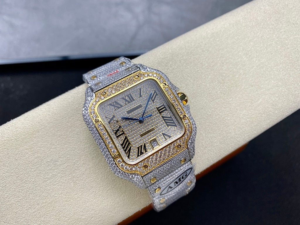 Cartier watch angled view with silver diamond strap, blue hands, and gold-trimmed square dial