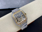 Cartier watch angled view with silver diamond strap, blue hands, and gold-trimmed square dial
