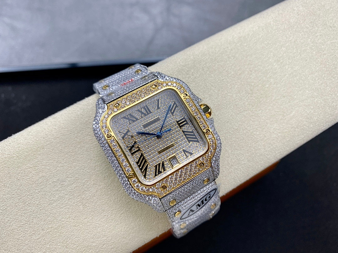 Cartier watch angled view with silver diamond strap, blue hands, and gold-trimmed square dial