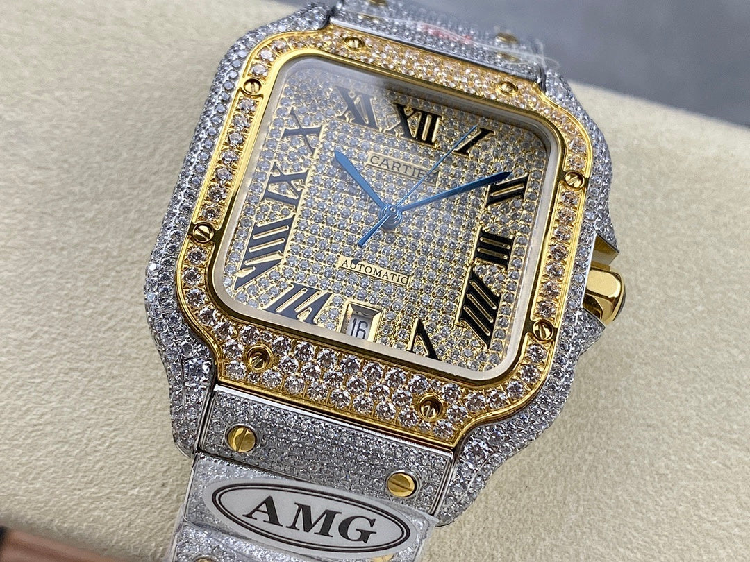 Cartier watch front with diamond bezel, silver dial, blue hands, gold markers and AMG panel