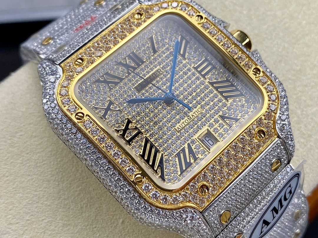 Cartier watch dial close-up with silver glitter background, gold edge, Roman numerals and blue hands