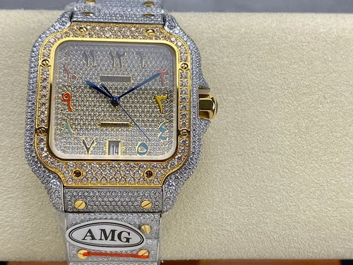 Square watch face close-up with blue dial, diamond accents, gold trim, and light gray bracelet