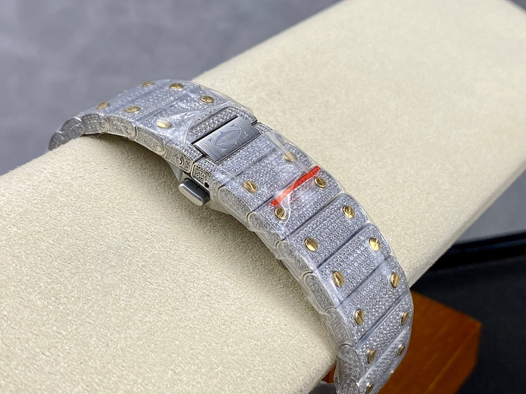Light gray diamond-studded watch strap with square clasp and gold-toned details
