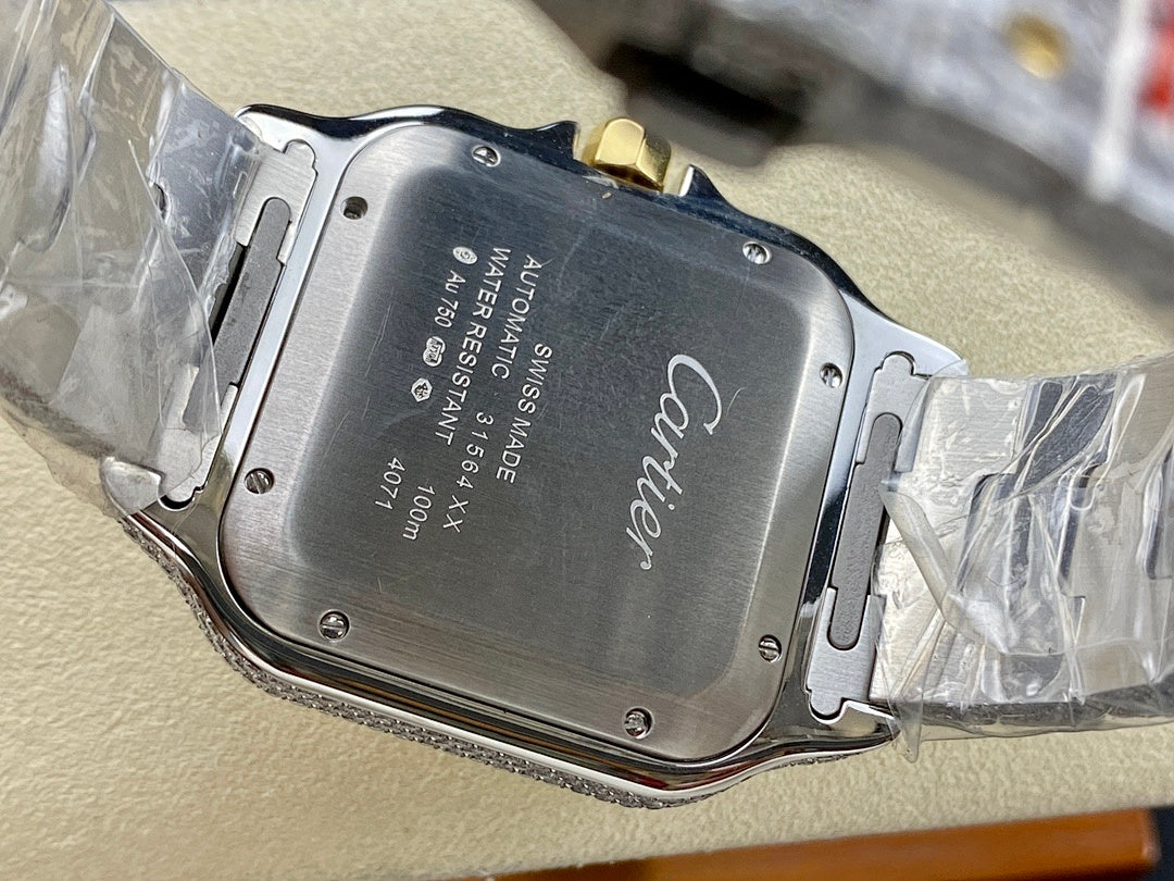 Stainless steel watch case back with engraved text and Cartier logo on the band