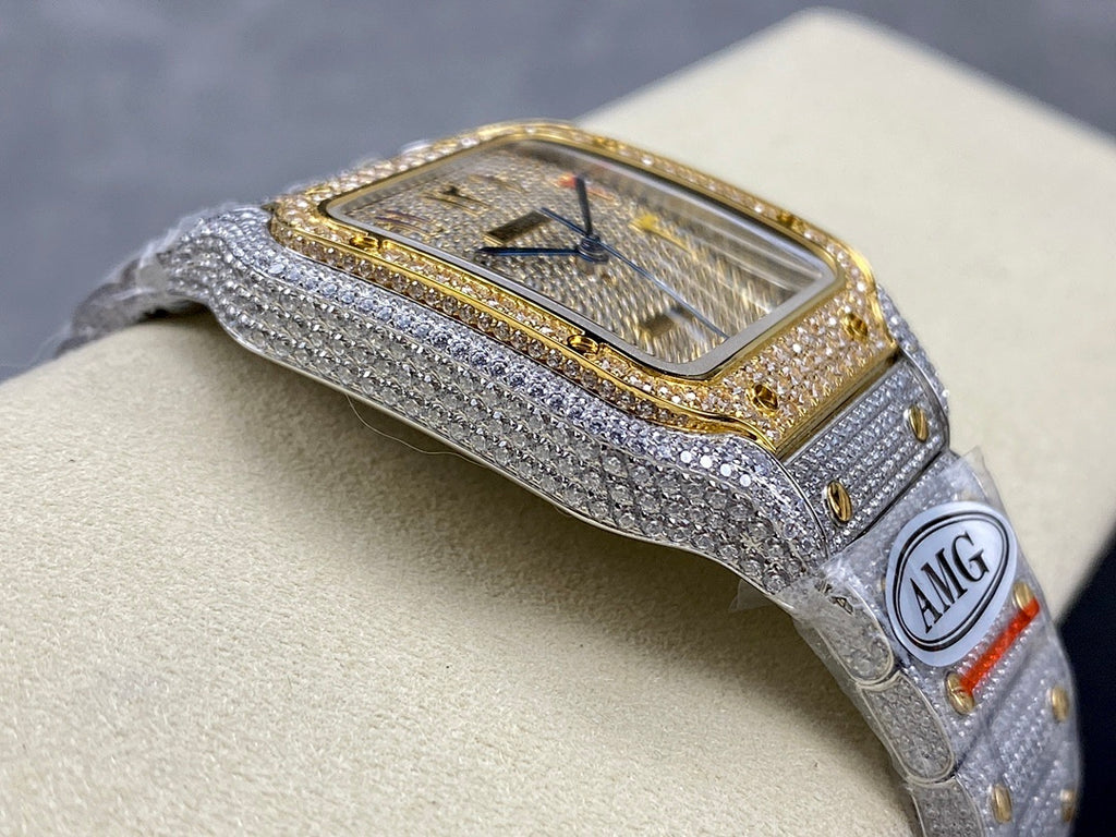 Rectangular blue dial watch with gold bezel, diamond border, and light gray bracelet