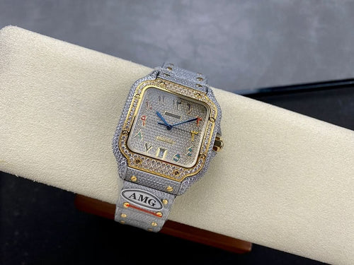 Square luxury wristwatch with diamond bezel, gold trim, blue dial, and light gray strap