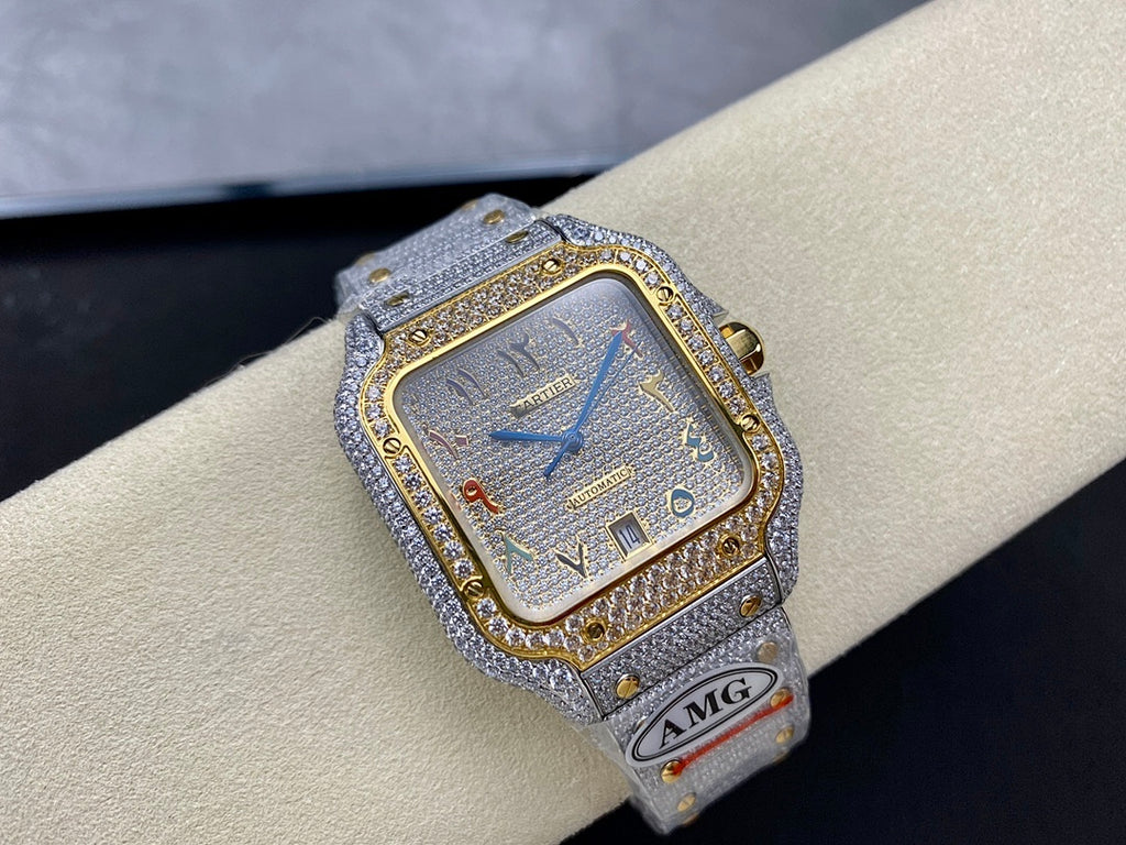 Square wristwatch on wristband display with gold-edged blue dial and diamond bezel